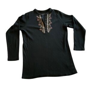 Woman Within Henley Top Women 14/16 M Black Floral Embroidered Waffle Knit